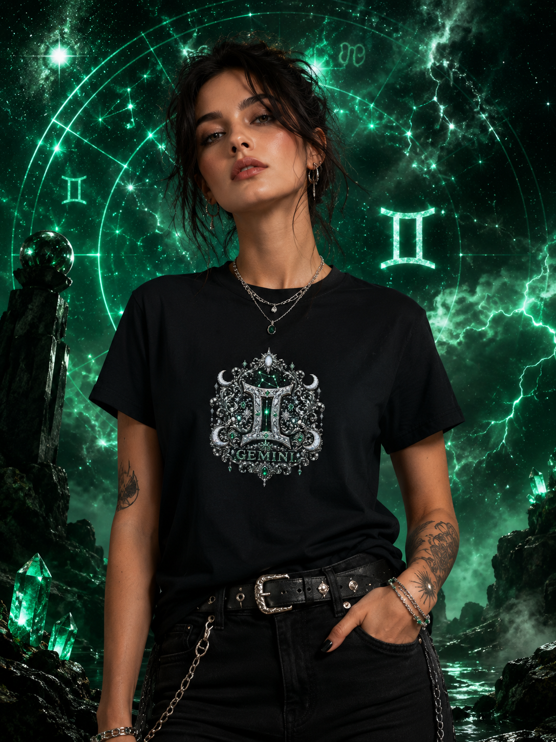 Gemstone Gemini Zodiac T-Shirt | Intricate Astrology Illustration